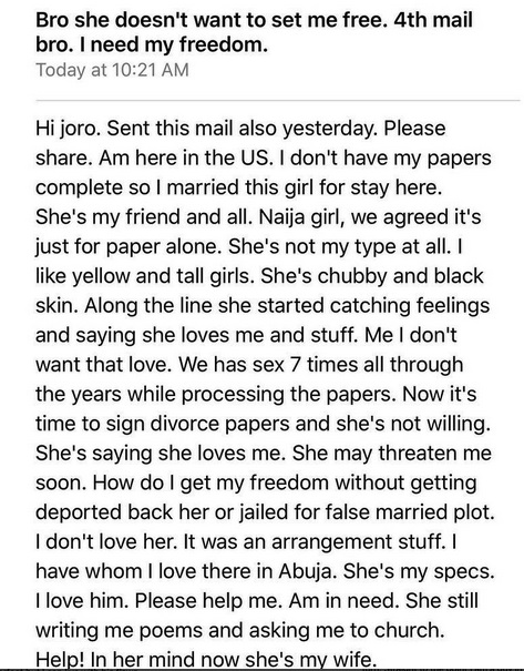 'Wife' Refuses Divorce , Our Romance was Based on Getting My Green Card - US-based Nigerian Man Cries Out