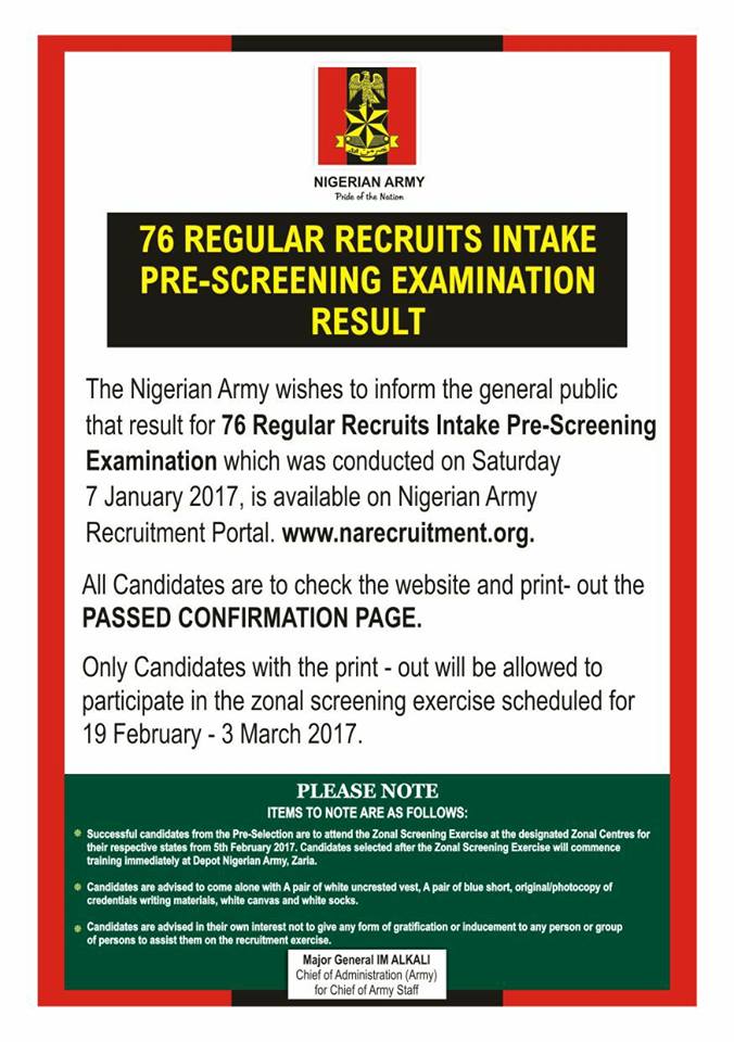Just In: Nigerian Army Releases List of Recruitment Intake & Details of Zonal Screening Exercise