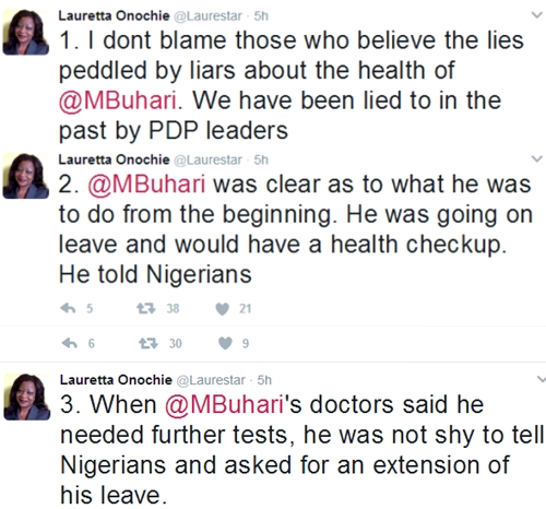 Buhari was Flown in an Air Ambulance to the UK? President's PA, Lauretta Onochie Speaks Out