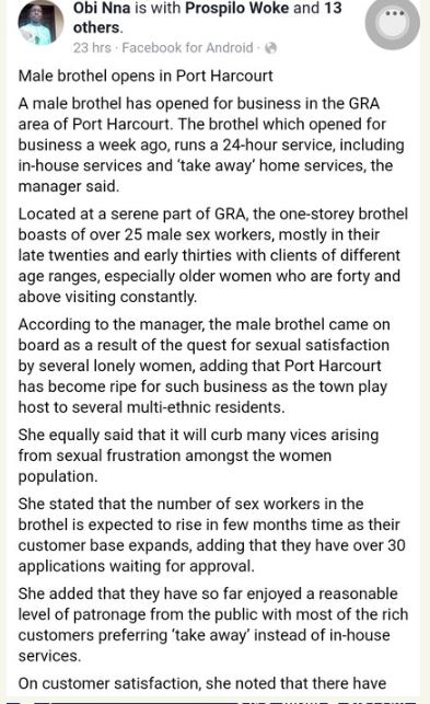 Male Brothel Reportedly Opens In Port Harcourt' - FB User Reveals %Post Title