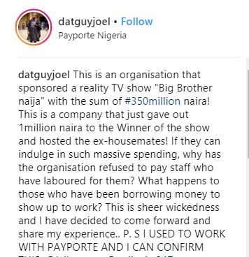 #BBNaija Sponsor, Payporte Allegedly Owing Workers' Salaries - Ex Staff Exposes Company  %Post Title