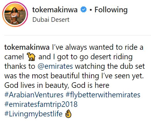 Toke Makinwa Rides A Camel For The 1st Time Ever In Dubai