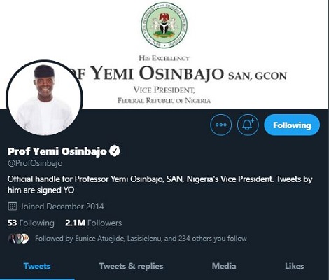 VP Yemi Osinbajo's Twitter Verification Badge Restored