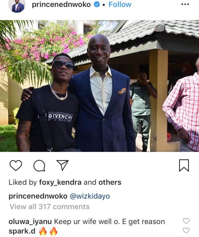Ned Nwoke posing with musician, Wizkid and another man