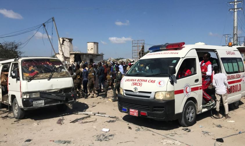 An ambulance leaves from the scene of a car bomb explosion at a checkpoint in Mogadishu, Somalia December 28, 2019. REUTERS/Feisal Omar