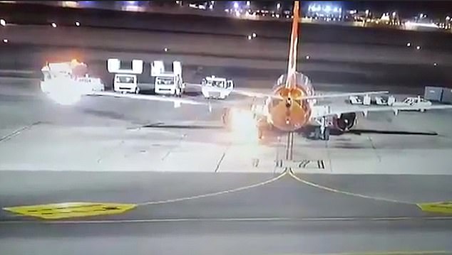 passenger jet catches fire