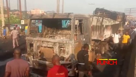 Scene of the Lagos Abeokuta Expressway old toll gate fire on Friday. Photo: Olugbon Saheed
