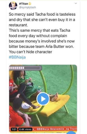 BBNaija: Tacha's Food Is Tasteless, I Can't Even Buy It In A Restaurant - Mercy 