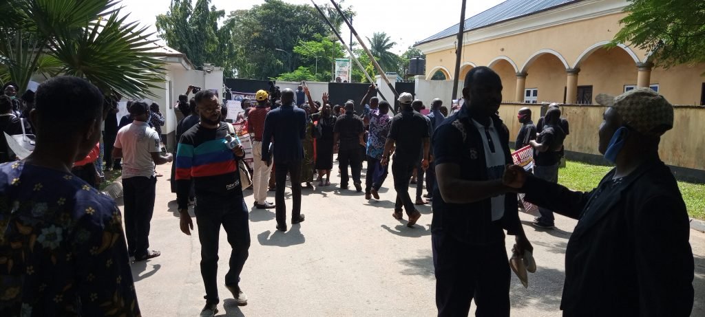 Protesters at the Edo state government house