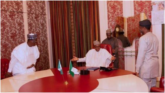 President Muhammadu Buhari in a meeting with Ahmed Lawan and Femi Gbajabiamila