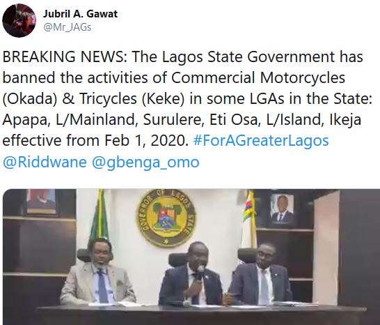 Lagos Bans Okadas, Tricyles, Including Opay, Gokada