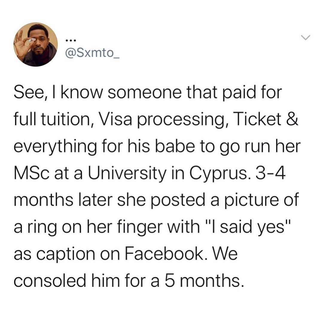 Man Sponsors Girlfriend Abroad For Her MSc, She Engaged to Another Man