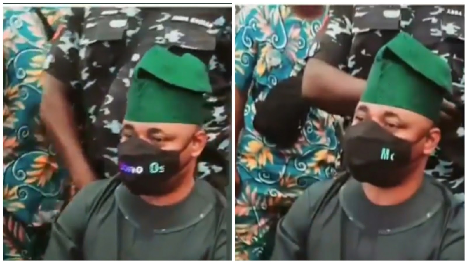 MC Oluomo flaunts electronic facemask at an event