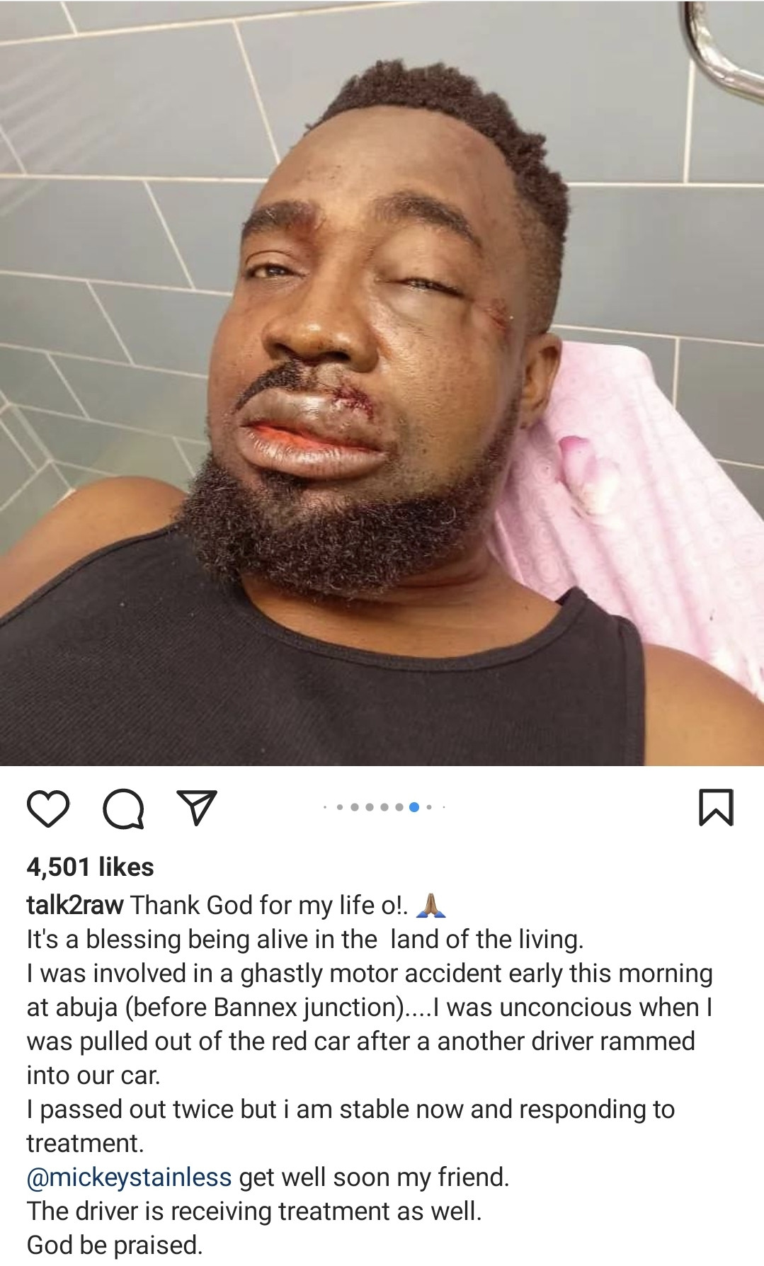 PHOTOs: Nigerian rapper, Mr Raw, survives auto accident