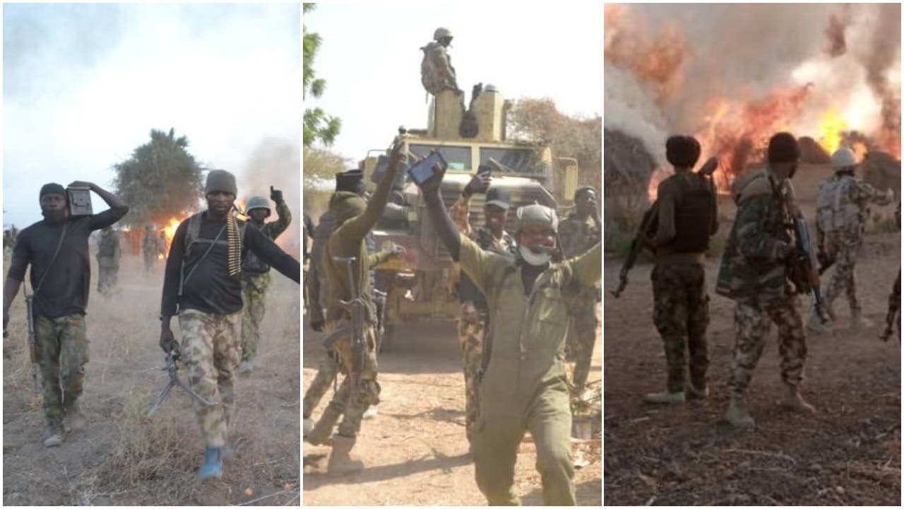 Soldiers celebrate after defeating Boko Haram terrorists