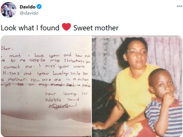 Sweet Mother! Davido Shares The Letter He Wrote To His Late Mum (Photo)