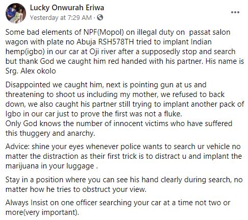 The Moment A Nigerian Man Confronted A Police Officer Who Allegedly Planted Marijuana In His Car In Enugu (Videos)