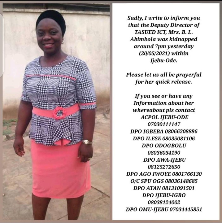 Mrs Abimbola abducted by kidnappers