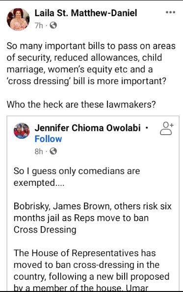 post  There Are Important Bills To Pass On Security, Reduced Allowance, Child Marriage – Women’s Right Activist Reacts As Reps Move To Prosecute Cross-dressers laila2