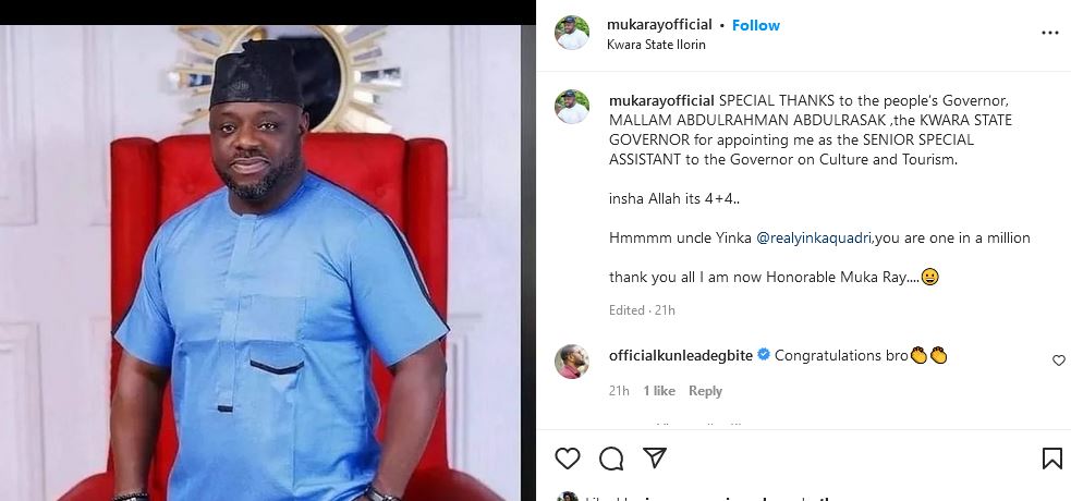 Actor Muka Ray Appointed Senior Special Assistant To Kwara Governor