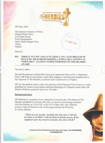 note  Organizers Of Headies Report Singer, Portable To Police Over Threat To Co-nominees As They Threaten To Disqualify Him « CmaTrends pub3
