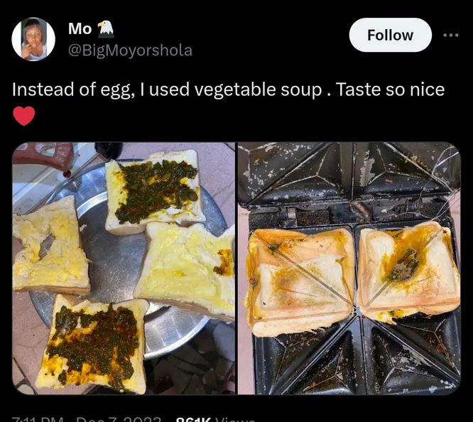 Nigerian Lady Makes Toasted Bread Using Vegetable Soup Instead Of Eggs