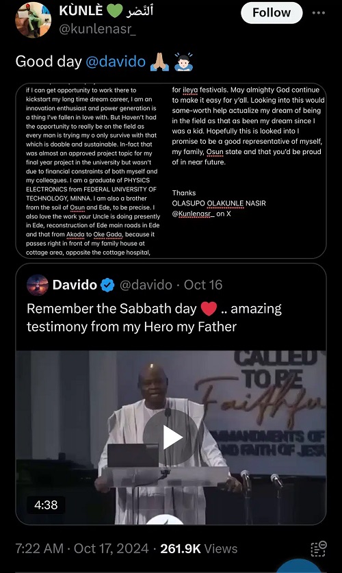 Graduate of Physics Begs Davido to Help Him Secure Job at His Father’s