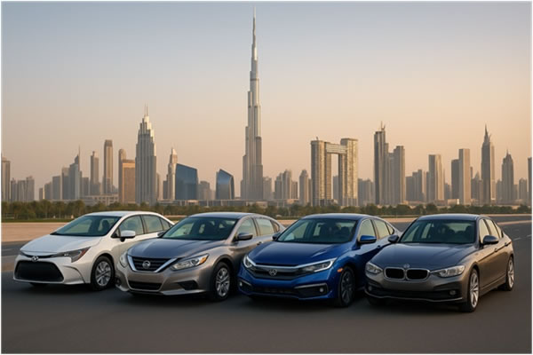 Four used McLaren 720S cars lined up in a luxury Dubai showroom with reflective flooring and bright lighting