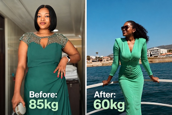 Image showing Ann Mbene, founder of HueBeautyGlam at 85kg and at 60kg during weight loss journey on Mounjaro.