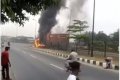 Oh No! Truck And Its Loaded Container Go Up In Flames At Popular Bus-Stop In Lagos (Video)