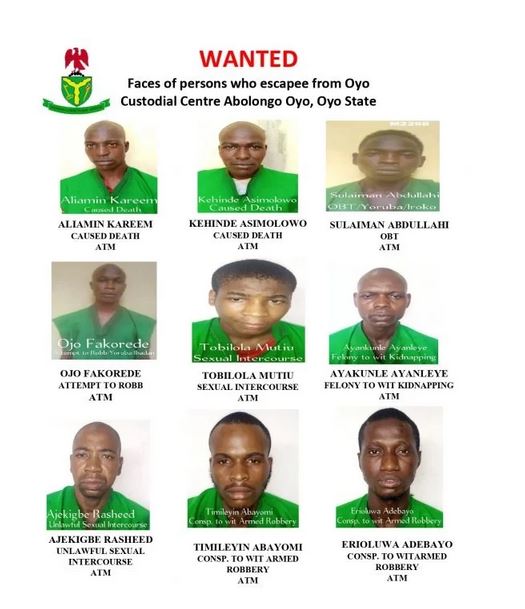 Oyo Prisonbreak: Nigerian Correctional Service Releases Names And Photos Of Escaped Inmates