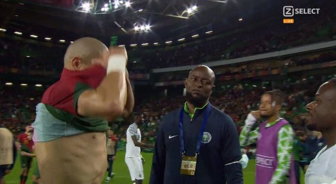 Super Eagles Assistant Coach Finidi George 'Fights' Moses Simon for Pepe’s Jersey After Nigeria's 4-0 Defeat To Portugal (Video)