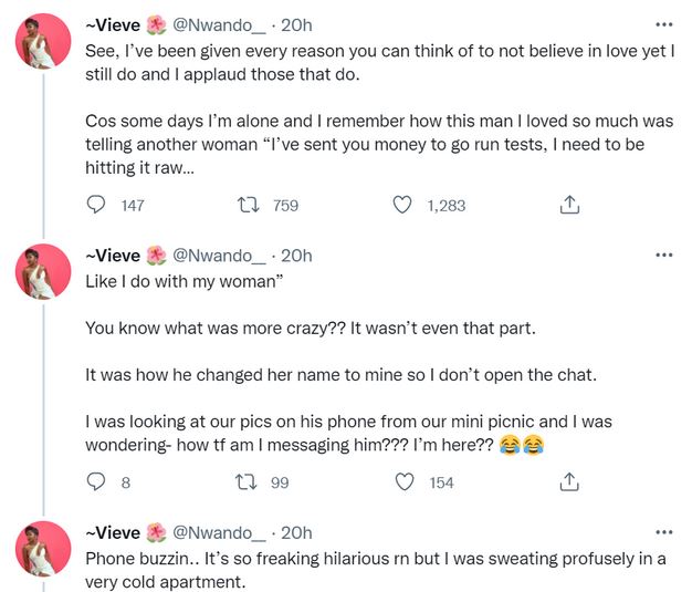 Lady Narrates How She Began 'Sweating In A Cold Apartment' After Discovering That Her Boyfriend Was Unfaithful